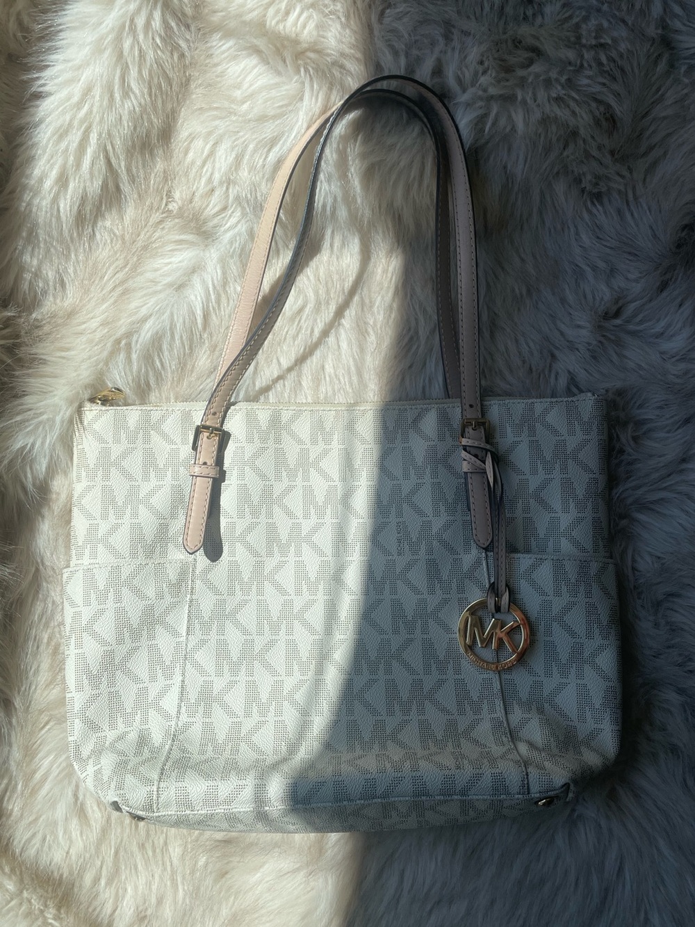 Michael Kors Cream Logo Tote with Pale Pink Straps